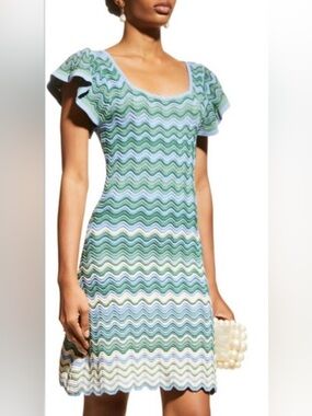 Shoshanna Dani Flutter-Sleeve Chevron Knit Dress, size XL